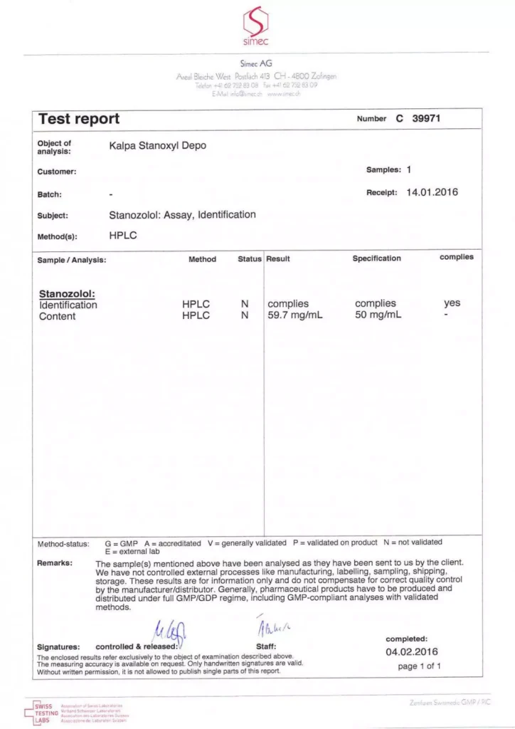 stanoxyl depot lab test report